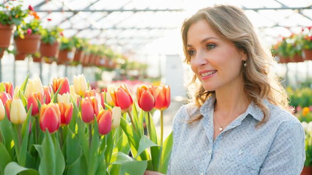 Woman in Greenhouse with Tulips in Bloom - Powered by Adobe