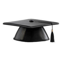 A black graduation cap, square top, conical base, tassel