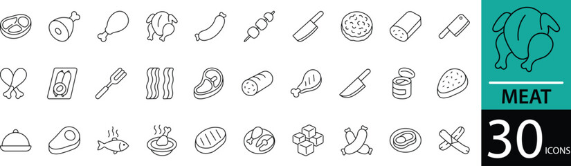  Minimal Meat Line Icon Set 30 Clean Outline Symbols for Butchery, Food, and Protein Design