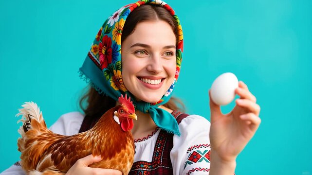 Hyper-real close-up: smiling woman in a bright floral Russian kerchief