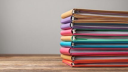 Stack of colorful folders on wooden desk symbolizing organization and office work