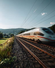 Obraz premium High-Speed Train Moving Through Scenic Landscape in Bright Daylight