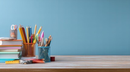 Obraz premium Colorful arranged school supplies on wooden desk with blue background