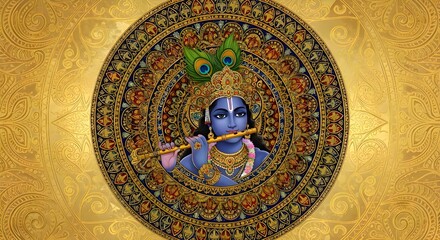 Divine Krishna plays enchanting melody on flute, surrounded by intricate golden mandala art, evoking peace and spiritual harmony for cultural celebration