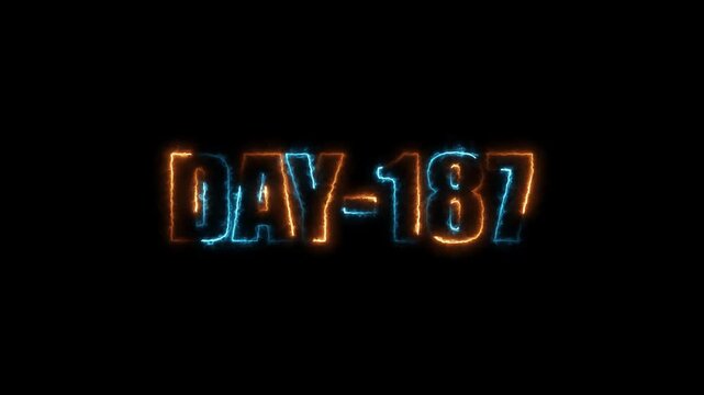 Neon text day-187 animation on black background.calender, text,number, days, date, countdown neon text concept.