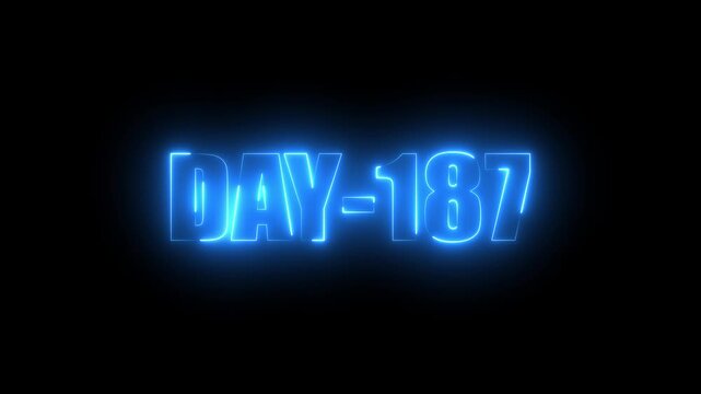 Blue Neon text day-187 animation on black background.calender, text,number, days, date, countdown neon text concept.