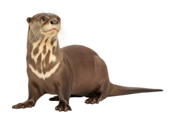 Close-up view of a brown otter, showcasing intricate patterns on its chest and detailed fur texture against a black background.