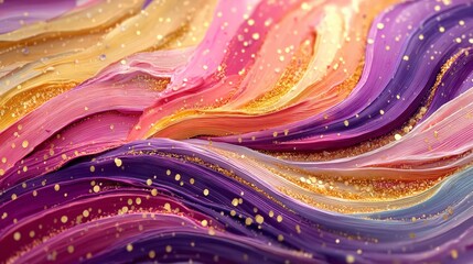 Abstract background with flowing waves of colorful ribbons and sparkling glitter, creating a vibrant and festive pattern