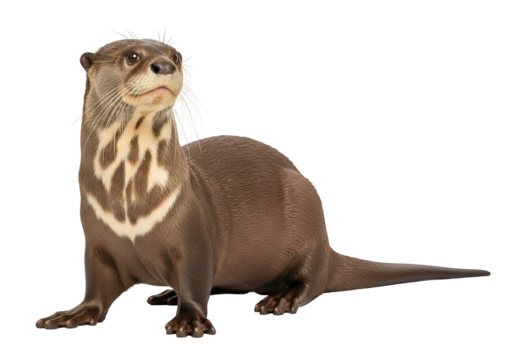 Close-up view of a brown otter, showcasing intricate patterns on its chest and detailed fur texture against a black background.