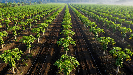 Organized tropical farm with papaya trees full of unripe fruits on rich soil background