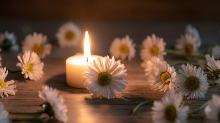 A candle next to a bunch of white daisies symbolizes celebration and joy,
