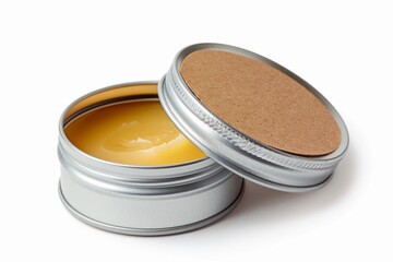 Natural beeswax balm in a small tin container with a removable lid displaying a smooth yellow texture