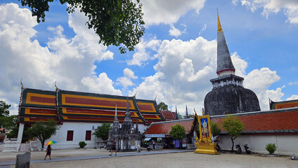 Nakhon Sri Thammarat, Thailand-March 3, 2025:  Old temple and pagodas of southern Thailand with...