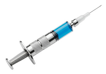 Fototapeta premium A metallic medical syringe, filled with a vibrant blue liquid, is angled against a stark black backdrop.