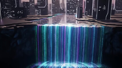 Vibrant digital data stream flowing from a futuristic urban landscape, symbolizing connectivity and information in a high-tech metropolis - Powered by Adobe