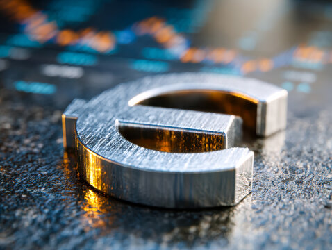 Close-up of a metallic euro symbol on a textured surface with blurred financial data in the background
