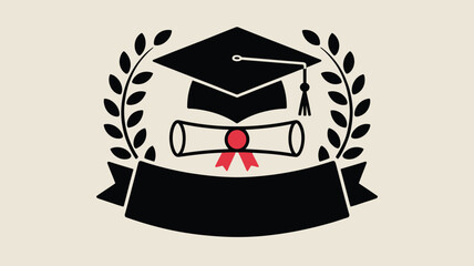 A graduation cap diploma and laurel wreath in a stylized graphic design with a blank banner below it all