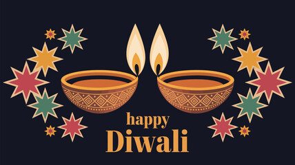 Happy diwali illustration with two lit diyas and colorful starbursts on a dark blue background design