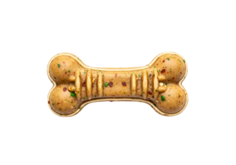 A dog treat shaped like a bone, featuring a light beige color and speckled with various small bits of food.