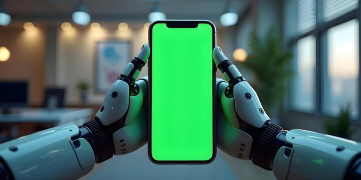 Robotic hands holding a smartphone with a green screen for branding apps and tech-related product mockups.