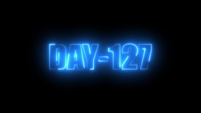 Blue Neon text day-127 animation on black background.calender, text,number, days, date, countdown neon text concept.