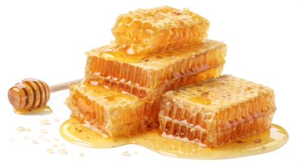 Golden honey and honeycomb in a glass on a white background PNG. AI GENERATED.