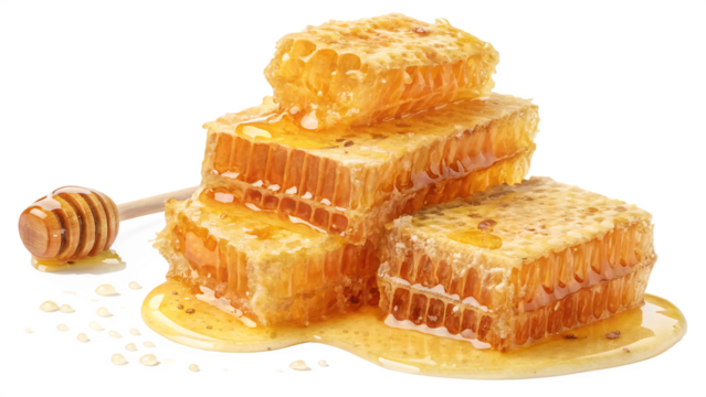 Golden honey and honeycomb in a glass on a white background PNG. AI GENERATED.