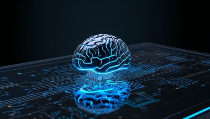A futuristic business technology concept featuring a metallic AI brain with glowing circuits on a digital desk with holographic data, innovation and automation theme, Generative AI