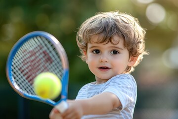 Young boy enthusiastically swinging a tennis racquet at a bright yellow tennis ball