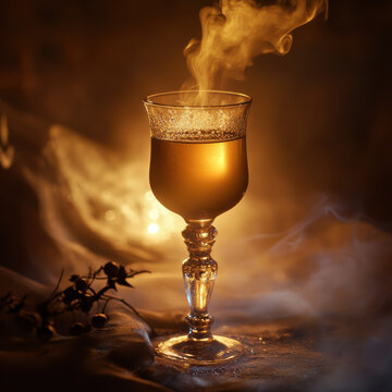 Warm spiced honey mead in a vintage goblet, golden hues glowing, steam rising, placed on a medieval-inspired background, high-resolution stock image with copy space. 