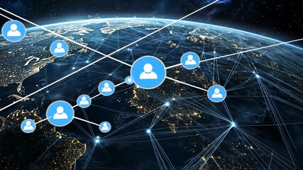 Earth with network of connected profile icons over the planet surface - Powered by Adobe