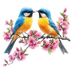 Colorful Birds Spring Trees, watercolor vector, isolated on a white background.