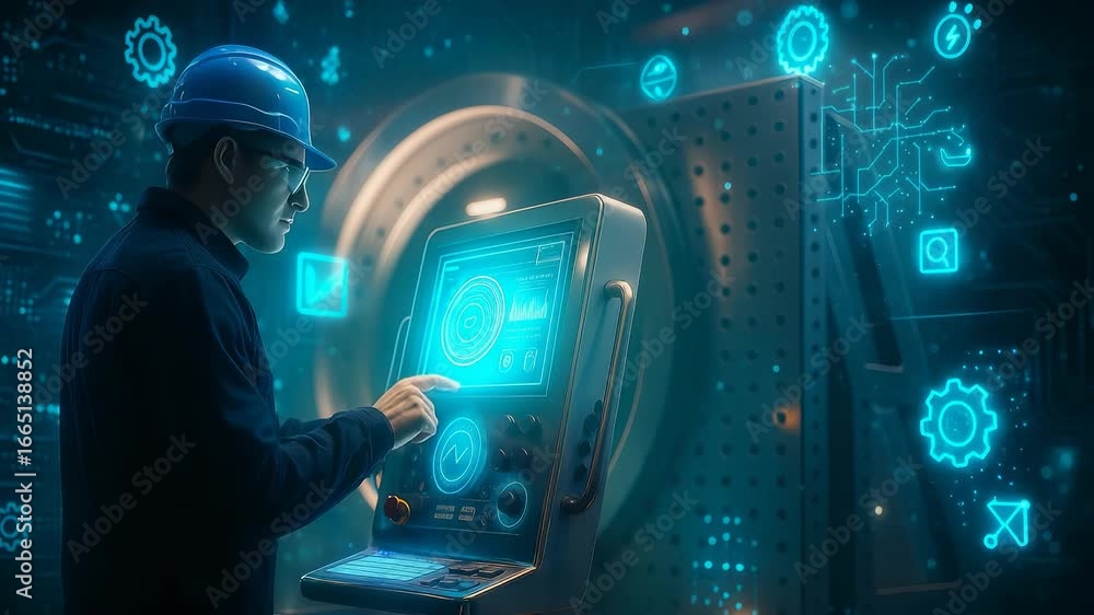 Poster engineer controls machinery with a digital interface in an industrial setting, using augmented reali