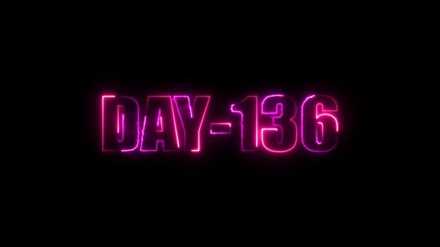 Neon text day-136 animation on black background.calender, text,number, days, date, countdown neon text concept.
