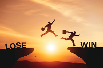 Silhouettes of two investors jumping towards word WIN on bright sunlit. Concept of stock trading...