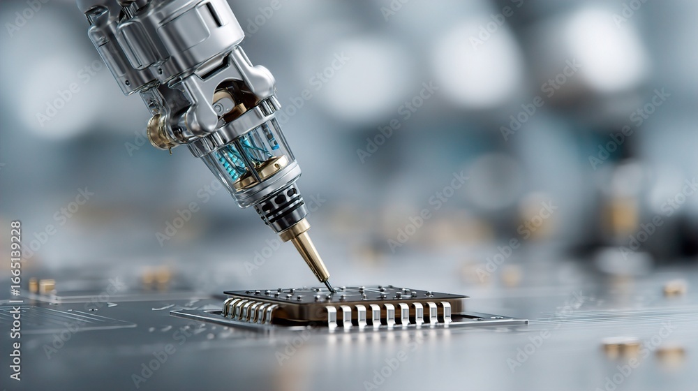 Poster a robotic arm delicately assembles a microchip in a high-tech setting, showcasing precision and mode