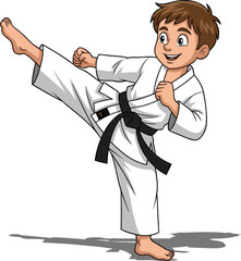 Cartoon martial artist performing high side kick in karate gi with black belt, vector illustration showing discipline, skill, and movement © Ponkaj Creatives