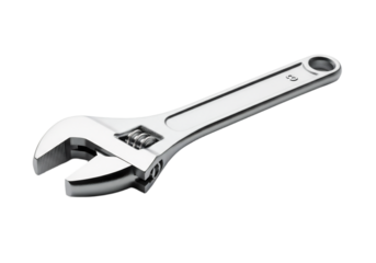 A shiny adjustable wrench on a transparent background. The tool features a movable jaw for gripping various sizes of nuts and bolts.