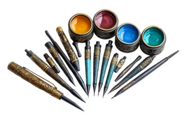Arranged Set of Arabic Calligraphy Tools Isolated On Transparent Background.