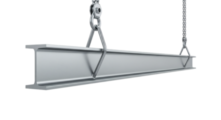 Steel beam suspended by chains against a transparent background. The beam is metallic and has a rectangular cross-section, showcasing its industrial design.