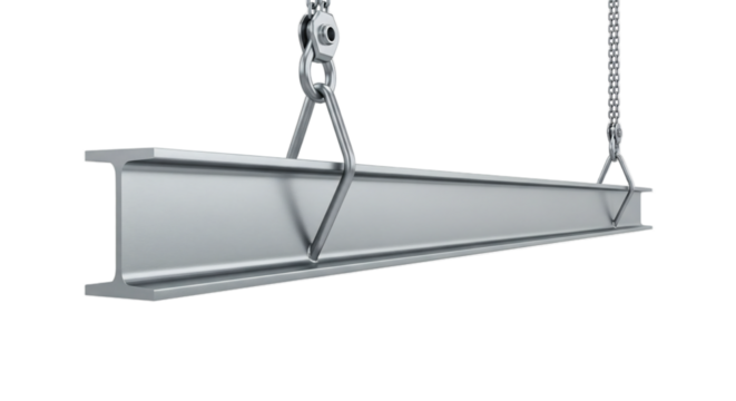 Steel beam suspended by chains against a transparent background. The beam is metallic and has a rectangular cross-section, showcasing its industrial design.