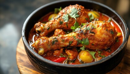 Delicious Spicy Red Chicken Curry With Leg Piece, Served In A Bowl Or Kadhai On Colorful Or Wooden Background. Focus On Chicken.