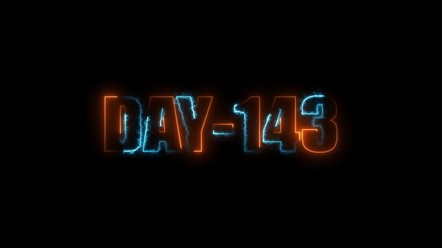 Neon text day-143 animation on black background.calender, text,number, days, date, countdown neon text concept.