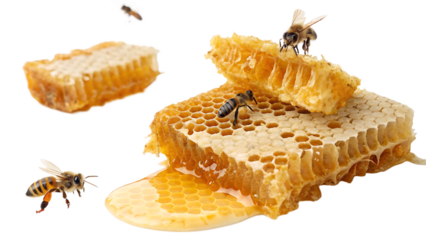 Honeycomb with golden honey on white background PNG. AI GENERATED.