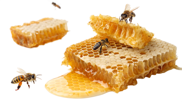 Honeycomb with golden honey on white background PNG. AI GENERATED.