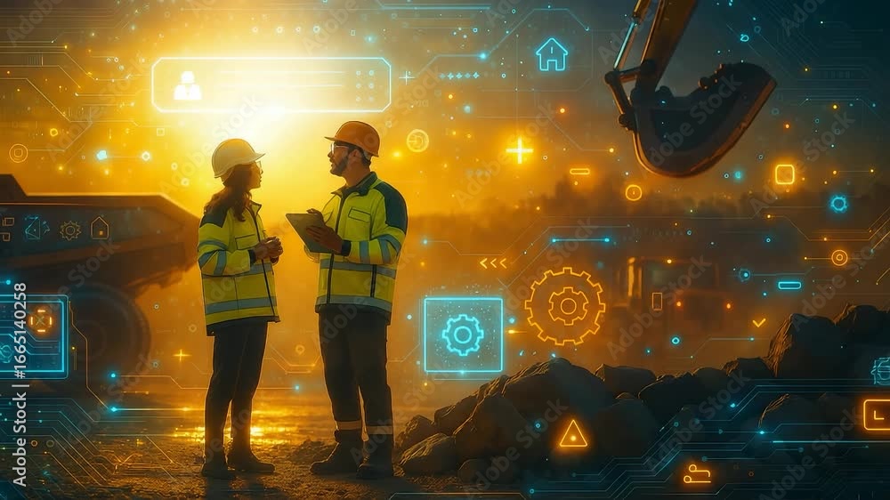 Poster construction workers discuss project management while using augmented reality technology on a digita