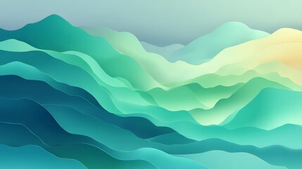 Abstract landscape of rolling green and blue mountains with a soft gradient sky, evoking a sense of calm