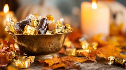 Golden wrapped candies in a metallic bowl with pumpkins and a candle,