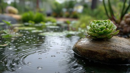 Rain falls on a tranquil pond, ripples spreading from droplets. A vibrant succulent sits atop a smooth, dark stone nestled in the water, surrounded by lush greenery