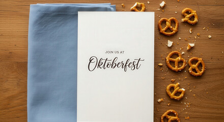 Invitation card for Oktoberfest with pretzels on a wooden table and a blue napkin
